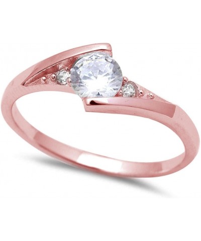 Sterling Silver New Round Simulated Gemstone Solitaire Fashion Ring Sizes 3-10 Rose Gold Plated Clear $10.79 Rings