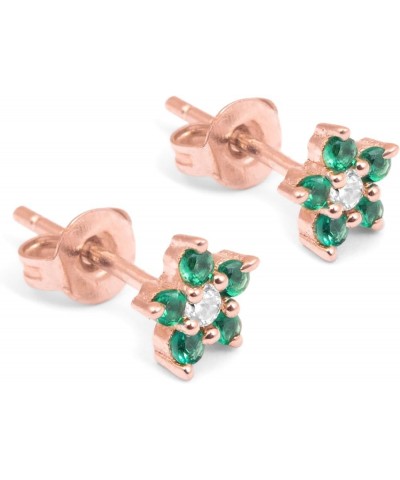 Flower Earrings for Women 14K Tiny Gold Plated Studs with Mini Emerald Green Ruby Red Cubic Zirconia Diamond Cluster Emerald ...