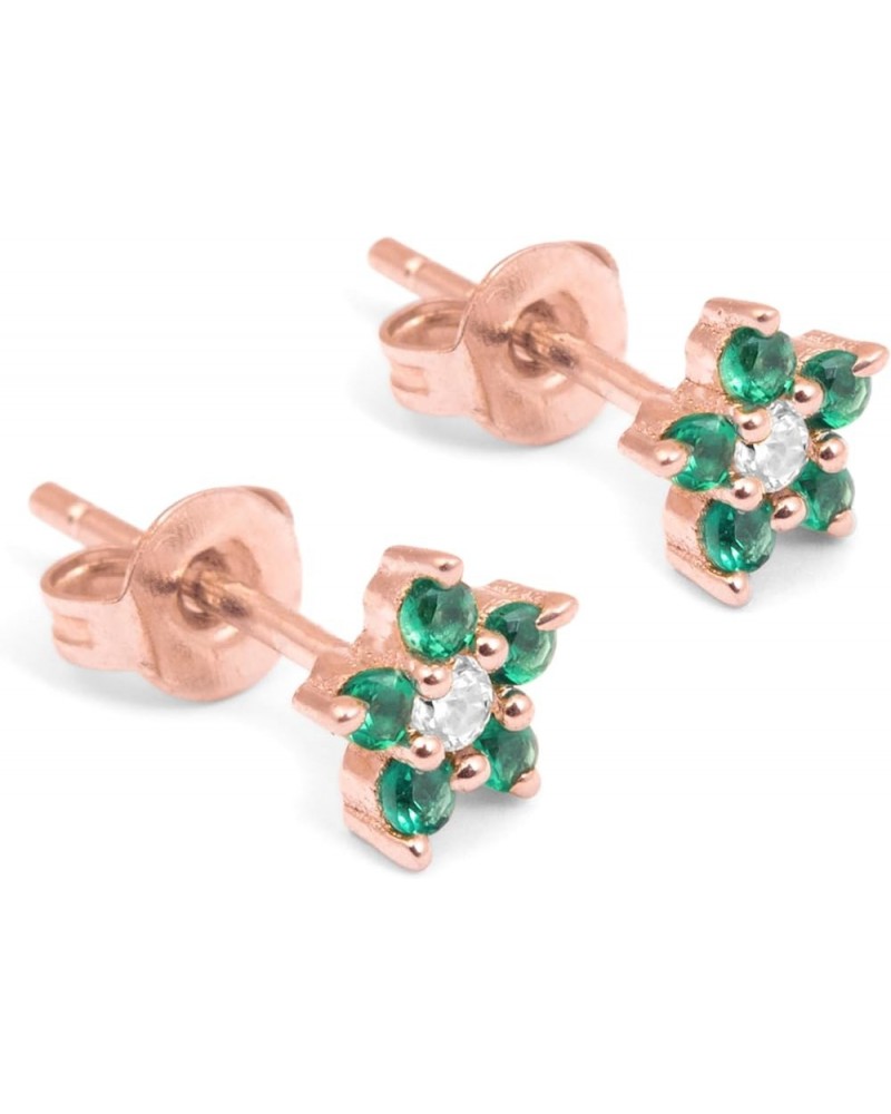 Flower Earrings for Women 14K Tiny Gold Plated Studs with Mini Emerald Green Ruby Red Cubic Zirconia Diamond Cluster Emerald ...