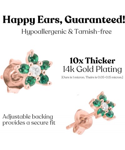 Flower Earrings for Women 14K Tiny Gold Plated Studs with Mini Emerald Green Ruby Red Cubic Zirconia Diamond Cluster Emerald ...