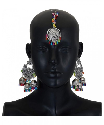 Indian Ethnic Partywear Traditional Oxidized SIlver Beaded Navratri Jhumka Jhumki Earrings with Maang Tikka Combo for Women a...