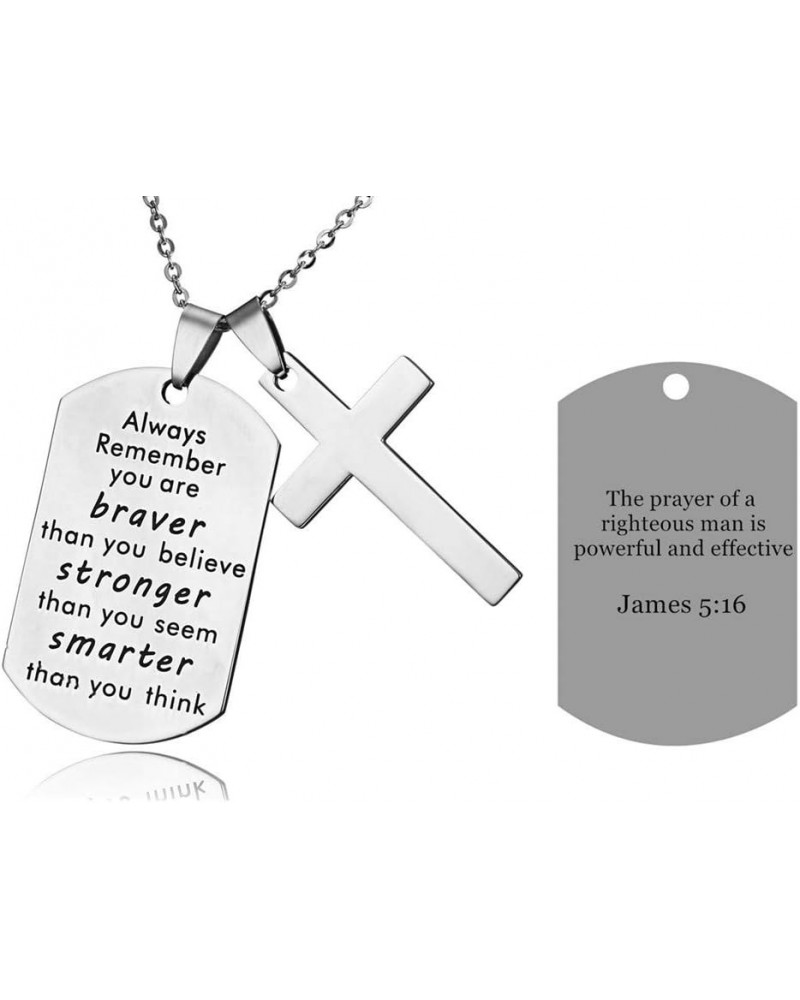 LF Stainless Steel Name Quote Personalized Braver Stronger Smarter Engraved Dog Tag Pendant Christian Cross Sentimental Inspi...