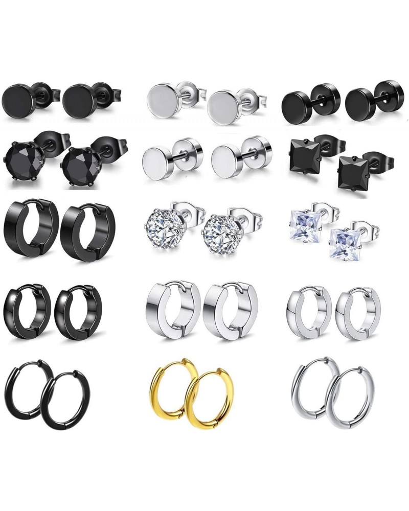 Men Woman Stainless Steel Stud Earrings Set Sliver Black Gold 15 Pairs $9.64 Earrings