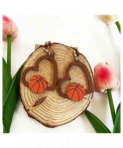 Handmade Wooden Heart Sports Ball Earrings for Women Lightweight Basketball Rugby Baseball Soccer Dangle Earrings Fans Sports...