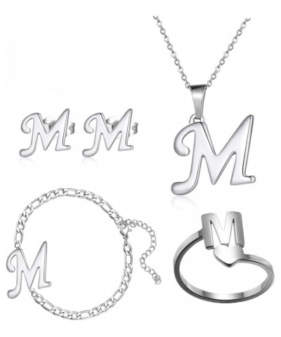 4 Pack Stainless Steel Initial Jewelry Sets for Women Silver Rings Bracelet Earrings Pendant Necklace Uppercase Choker Chain ...