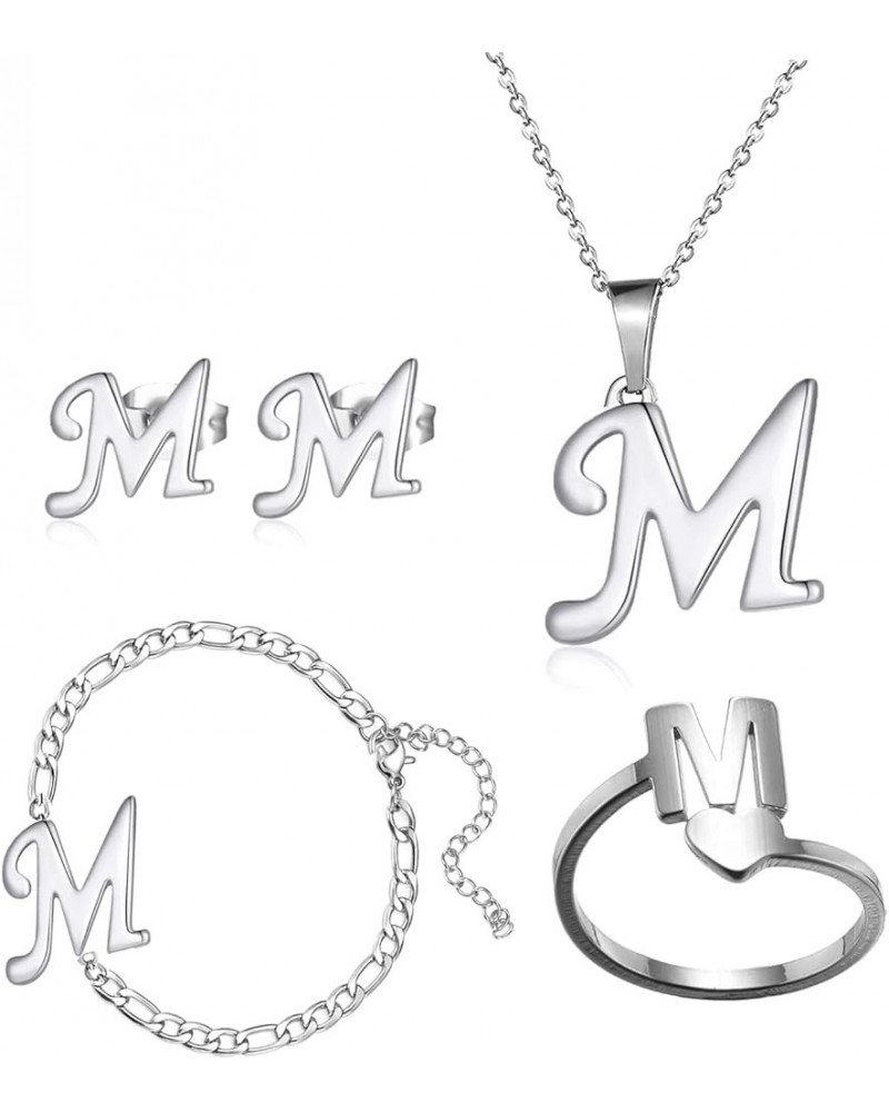 4 Pack Stainless Steel Initial Jewelry Sets for Women Silver Rings Bracelet Earrings Pendant Necklace Uppercase Choker Chain ...