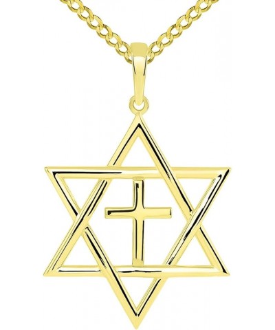 14k Yellow Gold Medium Jewish Star of David with Religious Cross Judeo Christian Pendant - Available with Rolo, Curb, or Figa...