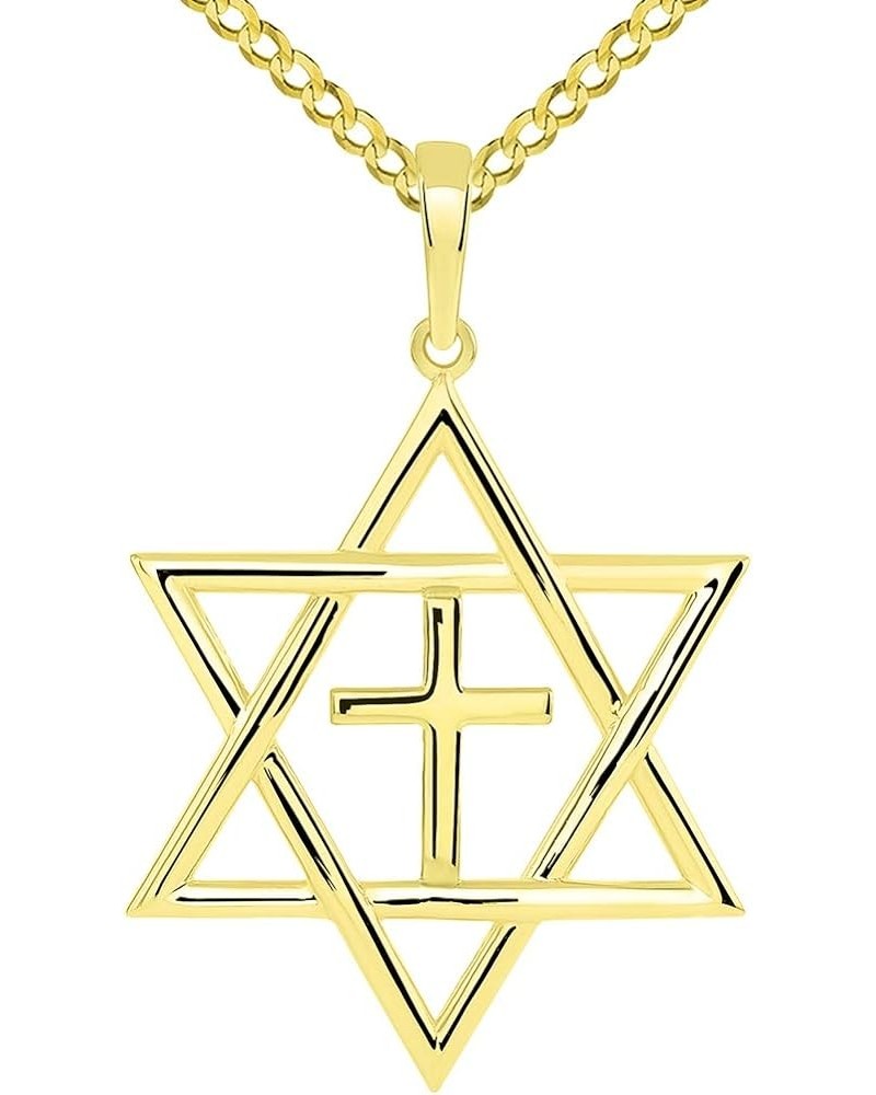 14k Yellow Gold Medium Jewish Star of David with Religious Cross Judeo Christian Pendant - Available with Rolo, Curb, or Figa...