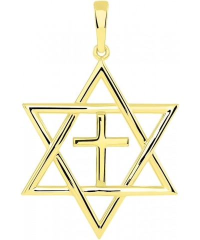 14k Yellow Gold Medium Jewish Star of David with Religious Cross Judeo Christian Pendant - Available with Rolo, Curb, or Figa...