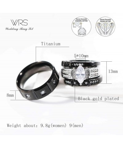 Two Rings His Hers Wedding Ring Sets Couples Matching Rings Women's 2pc Black Gold Plated White CZ Wedding Engagement Ring Br...