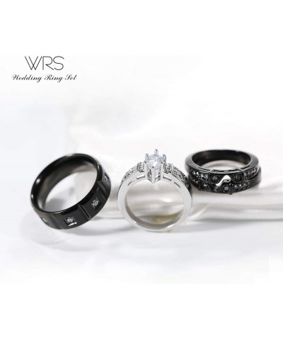 Two Rings His Hers Wedding Ring Sets Couples Matching Rings Women's 2pc Black Gold Plated White CZ Wedding Engagement Ring Br...