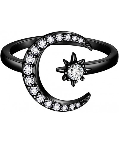 Star and Moon Adjustable Rings 18K Gold/Silver/Black Gun Plated Crescent Moon Stars Open Ring Jewelry for Women KR0032 Black ...