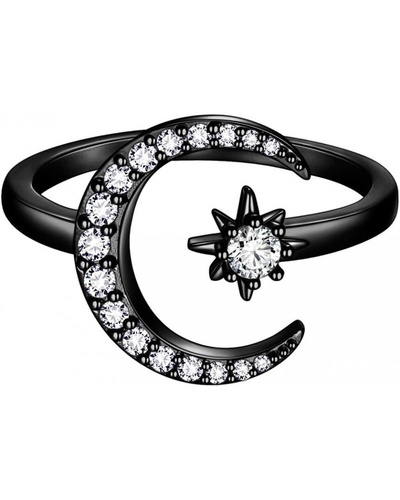 Star and Moon Adjustable Rings 18K Gold/Silver/Black Gun Plated Crescent Moon Stars Open Ring Jewelry for Women KR0032 Black ...