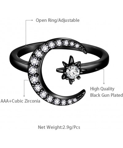 Star and Moon Adjustable Rings 18K Gold/Silver/Black Gun Plated Crescent Moon Stars Open Ring Jewelry for Women KR0032 Black ...