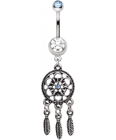 Blue and Clear CZ Crystal Ornate Dream Catcher Dangle Belly Button Navel Ring $8.31 Body Jewelry