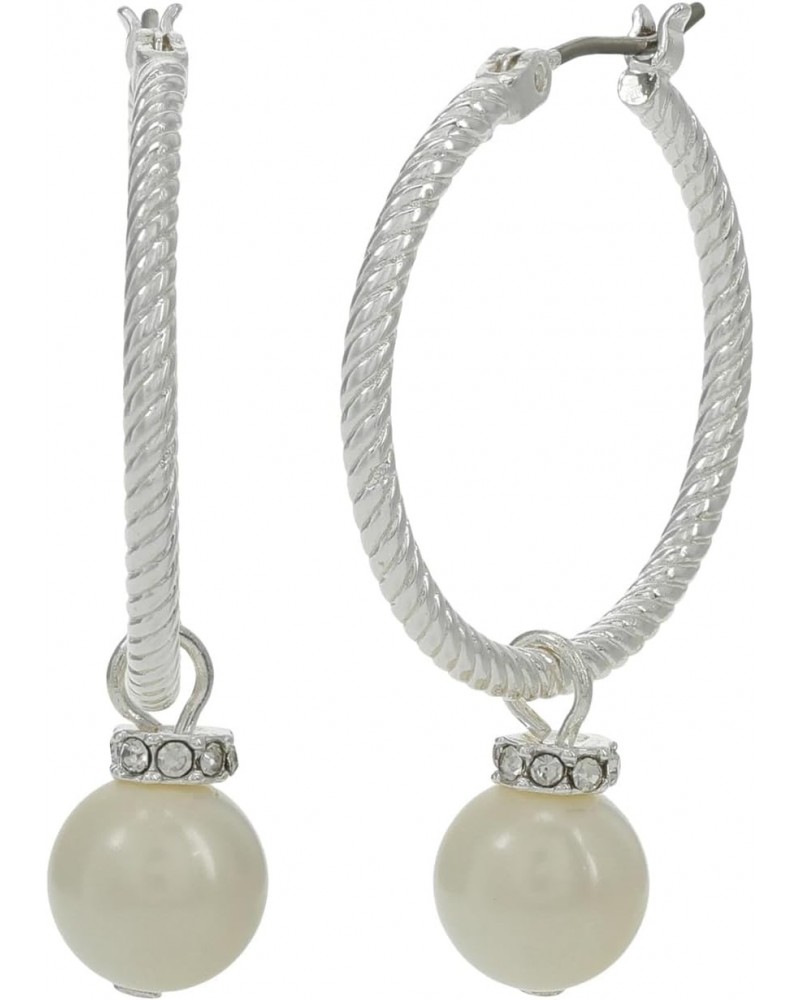 Rope Hoop with Pearl Drop Earrings Silver/White Pearl/Crystal One Size $15.22 Earrings