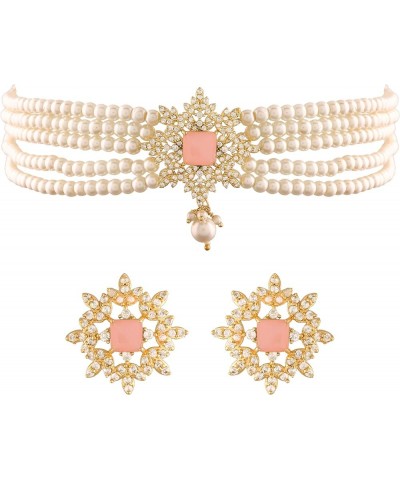 18K Gold Plated Indian Wedding Bollywood CZ Crystal with Pearl Choker Necklace Set for Women Pink $15.64 Jewelry Sets