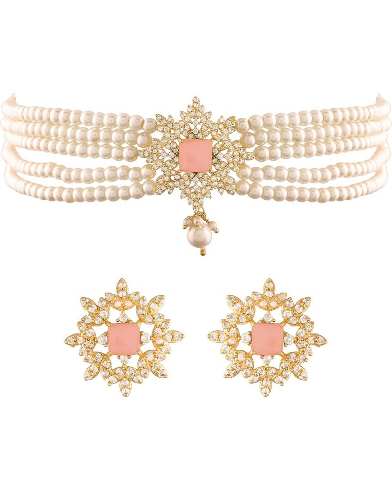 18K Gold Plated Indian Wedding Bollywood CZ Crystal with Pearl Choker Necklace Set for Women Pink $15.64 Jewelry Sets