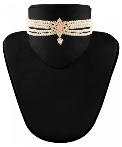 18K Gold Plated Indian Wedding Bollywood CZ Crystal with Pearl Choker Necklace Set for Women Pink $15.64 Jewelry Sets