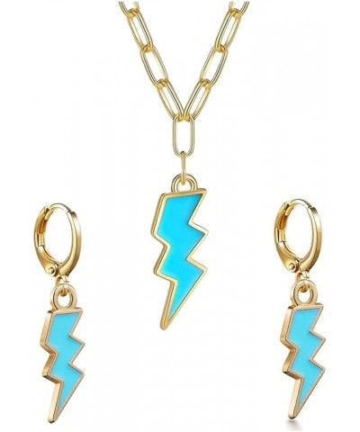 2 PCS Preppy Lightning Earrings Pendant Necklaces Set, Cute Pink Blue Trendy Y2K Jewelry Gold Huggie Hoop Gifts blue $5.87 Je...