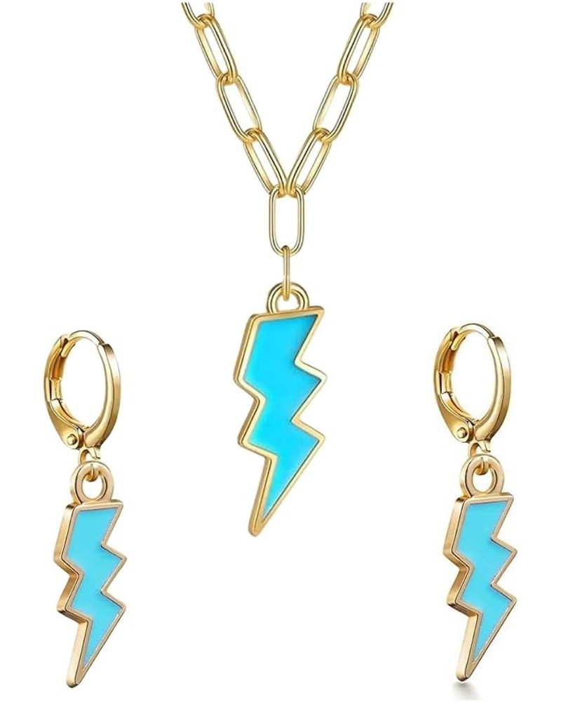 2 PCS Preppy Lightning Earrings Pendant Necklaces Set, Cute Pink Blue Trendy Y2K Jewelry Gold Huggie Hoop Gifts blue $5.87 Je...