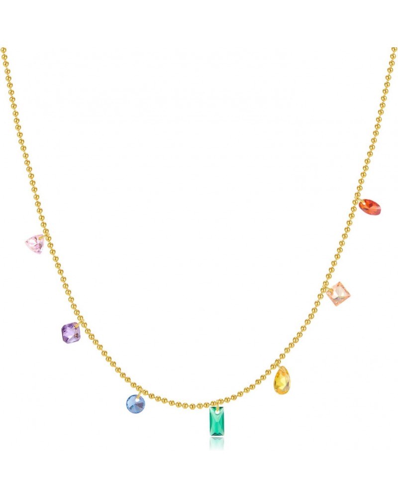 Stainless Steel Rainbow CZ Crystal Stone Choker Necklace for Women Girls Gold Dainty Bead Ball Chain Necklaces Gifts $11.15 N...