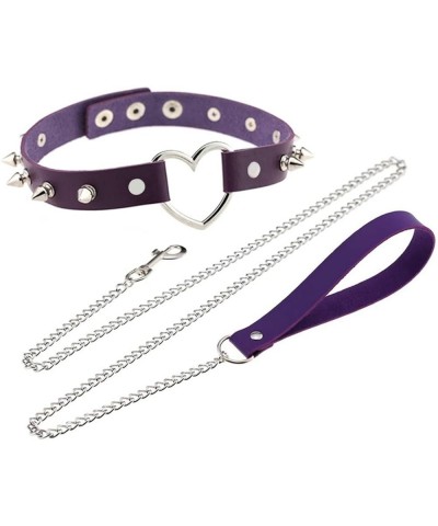 Rivets Choker Punk Hauling Chain PU Leather Collar Peach Heart Gothic Necklace NightClub Goth Leash Belts Purple $9.98 Necklaces