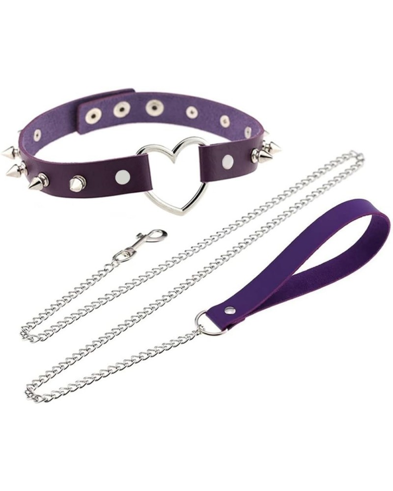 Rivets Choker Punk Hauling Chain PU Leather Collar Peach Heart Gothic Necklace NightClub Goth Leash Belts Purple $9.98 Necklaces