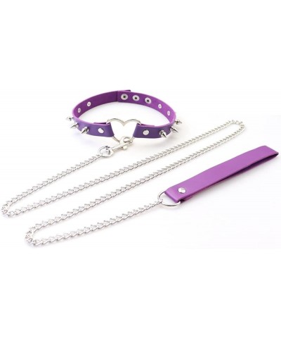 Rivets Choker Punk Hauling Chain PU Leather Collar Peach Heart Gothic Necklace NightClub Goth Leash Belts Purple $9.98 Necklaces