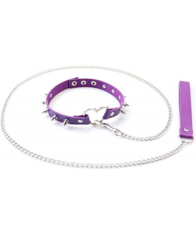 Rivets Choker Punk Hauling Chain PU Leather Collar Peach Heart Gothic Necklace NightClub Goth Leash Belts Purple $9.98 Necklaces