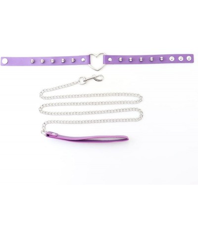 Rivets Choker Punk Hauling Chain PU Leather Collar Peach Heart Gothic Necklace NightClub Goth Leash Belts Purple $9.98 Necklaces