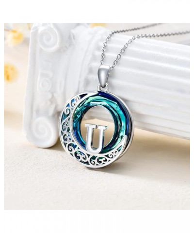 Crescent Moon Necklace with A-Z Initial Letter Pendant 925 Sterling Silver Circle Blue Crystal Jewelry Birthday Gift for Wome...