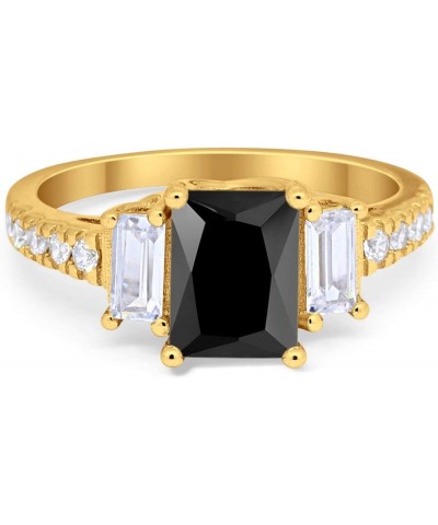 Emerald Cut Three Stone Wedding Engagement Ring Round Cubic Zirconia 925 Sterling Silver Yellow Tone, Simulated Black CZ $12....