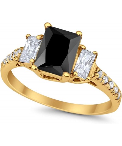 Emerald Cut Three Stone Wedding Engagement Ring Round Cubic Zirconia 925 Sterling Silver Yellow Tone, Simulated Black CZ $12....