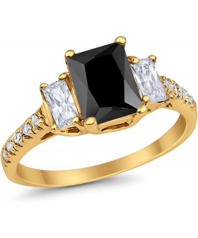 Emerald Cut Three Stone Wedding Engagement Ring Round Cubic Zirconia 925 Sterling Silver Yellow Tone, Simulated Black CZ $12....