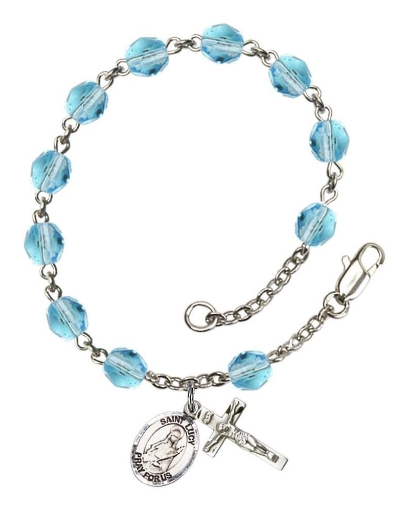 St. Lucy Silver Plate Rosary Bracelet 6mm Fire Polished Beads - Every Birth Month Color March Light Blue $32.84 Bracelets