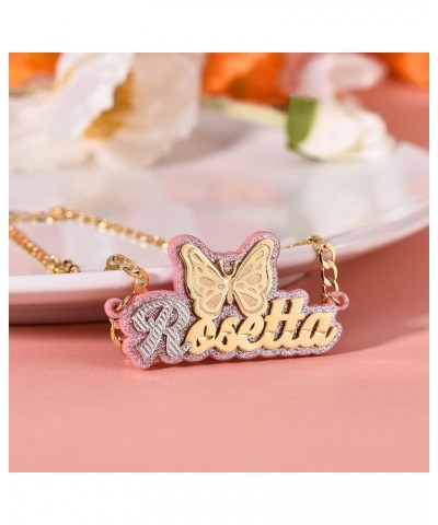 Personalized Name Plate Necklace Gold Double Plated Nameplate Necklace with Heart Teddy Colorful Acrylic Board Made Name/lett...