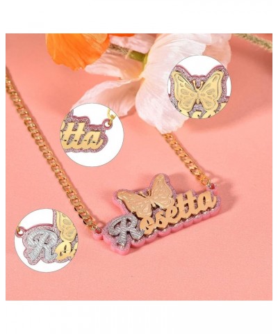 Personalized Name Plate Necklace Gold Double Plated Nameplate Necklace with Heart Teddy Colorful Acrylic Board Made Name/lett...