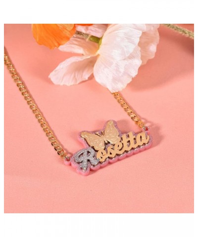 Personalized Name Plate Necklace Gold Double Plated Nameplate Necklace with Heart Teddy Colorful Acrylic Board Made Name/lett...