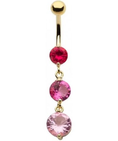 14GA Gold Plated 316L Stainless Steel Triple Round CZ Crystal Dangling Belly Button Ring Pink $10.99 Body Jewelry