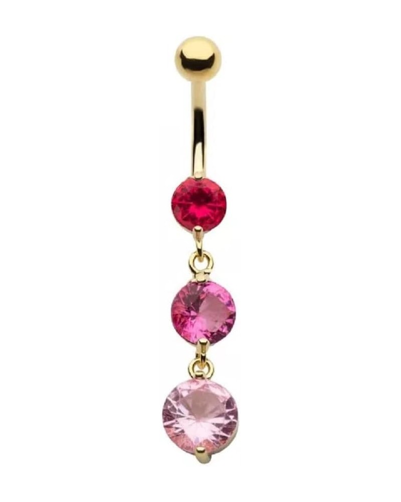 14GA Gold Plated 316L Stainless Steel Triple Round CZ Crystal Dangling Belly Button Ring Pink $10.99 Body Jewelry