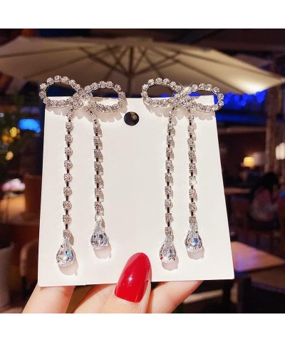 Dainty Crystal Bowknot Tassels Statement Drop Earrings Trendy Unique Shiny Rhinestones Dangle Earrings for Women Girls A $6.0...