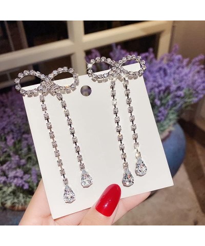 Dainty Crystal Bowknot Tassels Statement Drop Earrings Trendy Unique Shiny Rhinestones Dangle Earrings for Women Girls A $6.0...