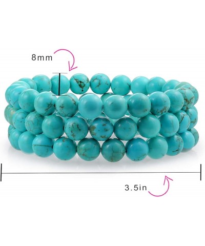 Unisex Stackable Set Of 3 Gemstone Round Bead 8MM Stretch Bracelet For Women Teen Men Multi Strand Stacking Adjustable Aqua T...