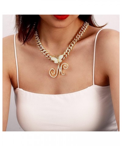 Butterfly Gold Initial Necklace Cuban Link Chain for Women Miami Iced Out Chain A-Z Alphabet Initial Cuban Butterfly Choker N...