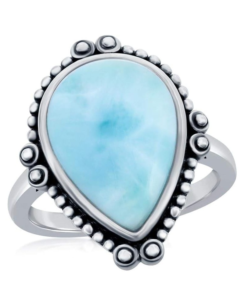 Filigree Design with Natural Larimar Gemstone Rectangle/Oval/Pear-Shaped Oxidized Antique Ring Sterling Silver Jewelry for Wo...