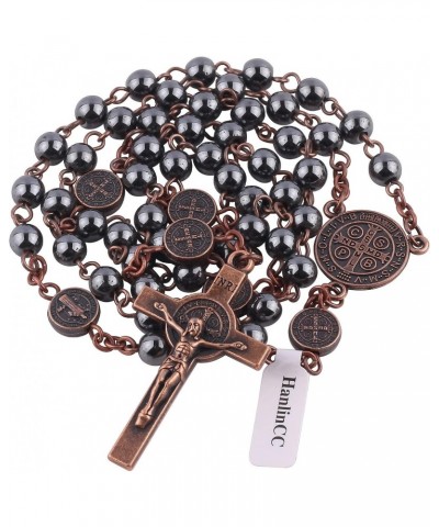 6mm Hematite Stone Black Beads with Antique Copper Plated St.Benedict Center Piece Medal and Crucifix Cross Catholic Rosary N...