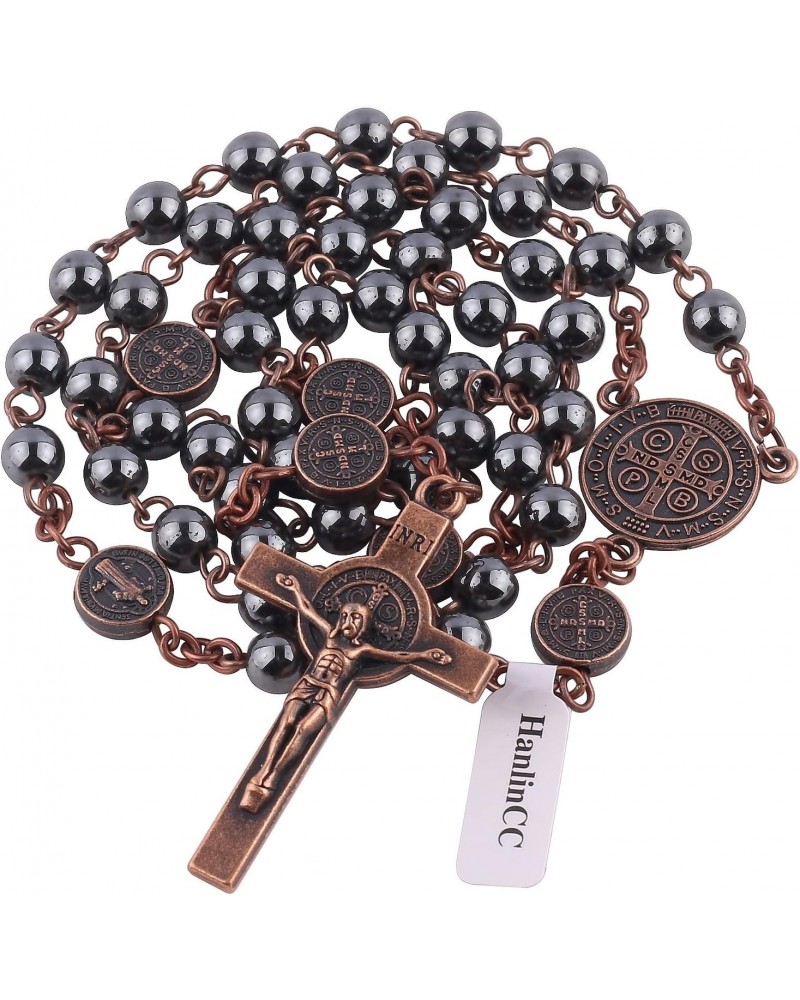 6mm Hematite Stone Black Beads with Antique Copper Plated St.Benedict Center Piece Medal and Crucifix Cross Catholic Rosary N...