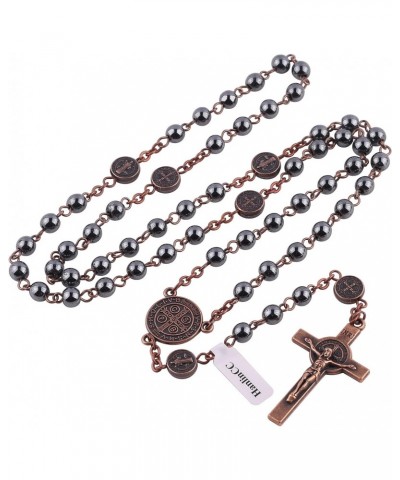 6mm Hematite Stone Black Beads with Antique Copper Plated St.Benedict Center Piece Medal and Crucifix Cross Catholic Rosary N...