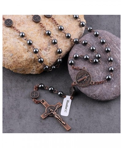 6mm Hematite Stone Black Beads with Antique Copper Plated St.Benedict Center Piece Medal and Crucifix Cross Catholic Rosary N...